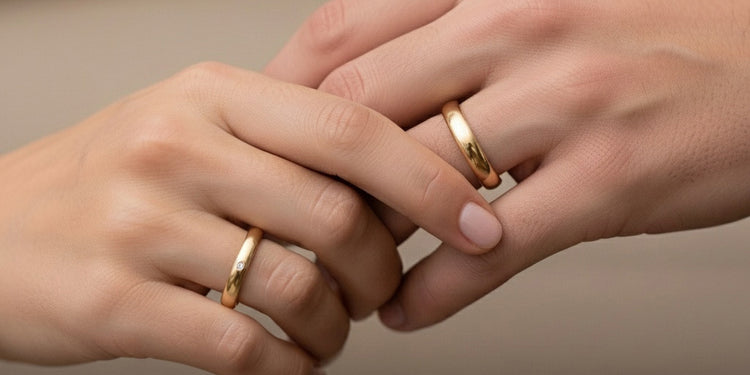 Goldene Eheringe an Brautpaar-Händen, klassische Trauringe