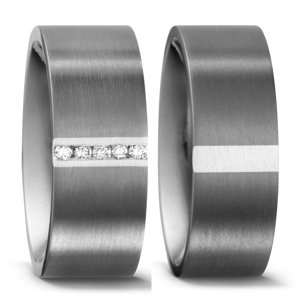 Partnerringe Titanium, Sølv Diamant 0.05 ct, 5 Sten , w-si