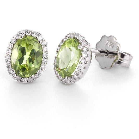 Ørestikker 750/18K hvidguld Peridot grøn , 2 Sten , [oval], Diamant hvid , 0.18 ct, 44 Sten , tw-vsi