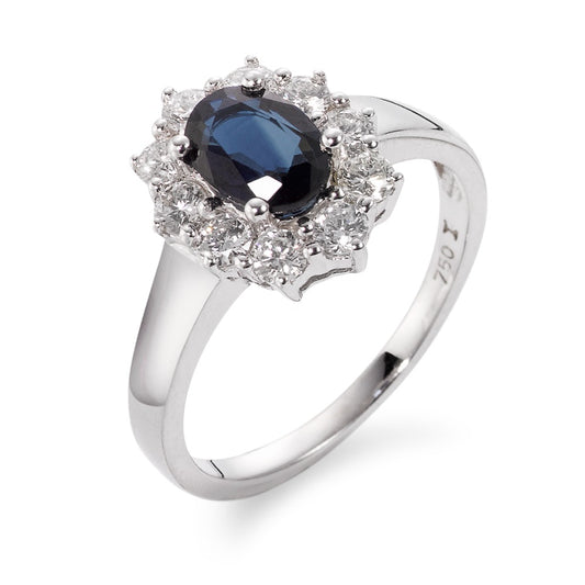 Ringe 750/18K hvidguld Safir blå , 0.88 ct, Diamant 0.555 ct, 10 Sten , w-si