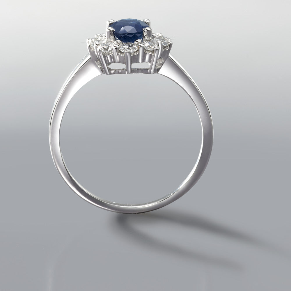 Ringe 750/18K hvidguld Safir blå , 0.88 ct, Diamant 0.555 ct, 10 Sten , w-si