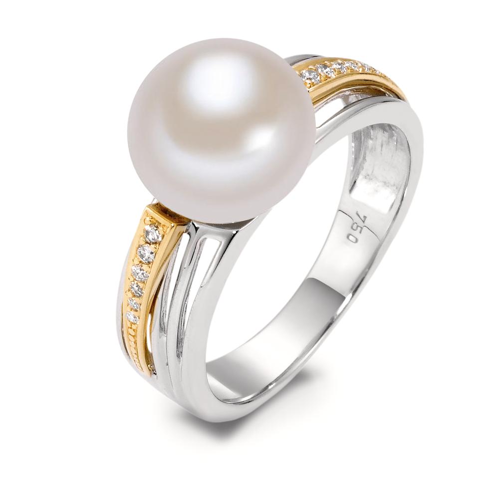 Ringe 750/18K guld, 750/18K hvidguld Diamant hvid , 0.06 ct, 12 Sten , [Brillant], w-si Ferskvands kulturperle hvid 9.5-10 mm