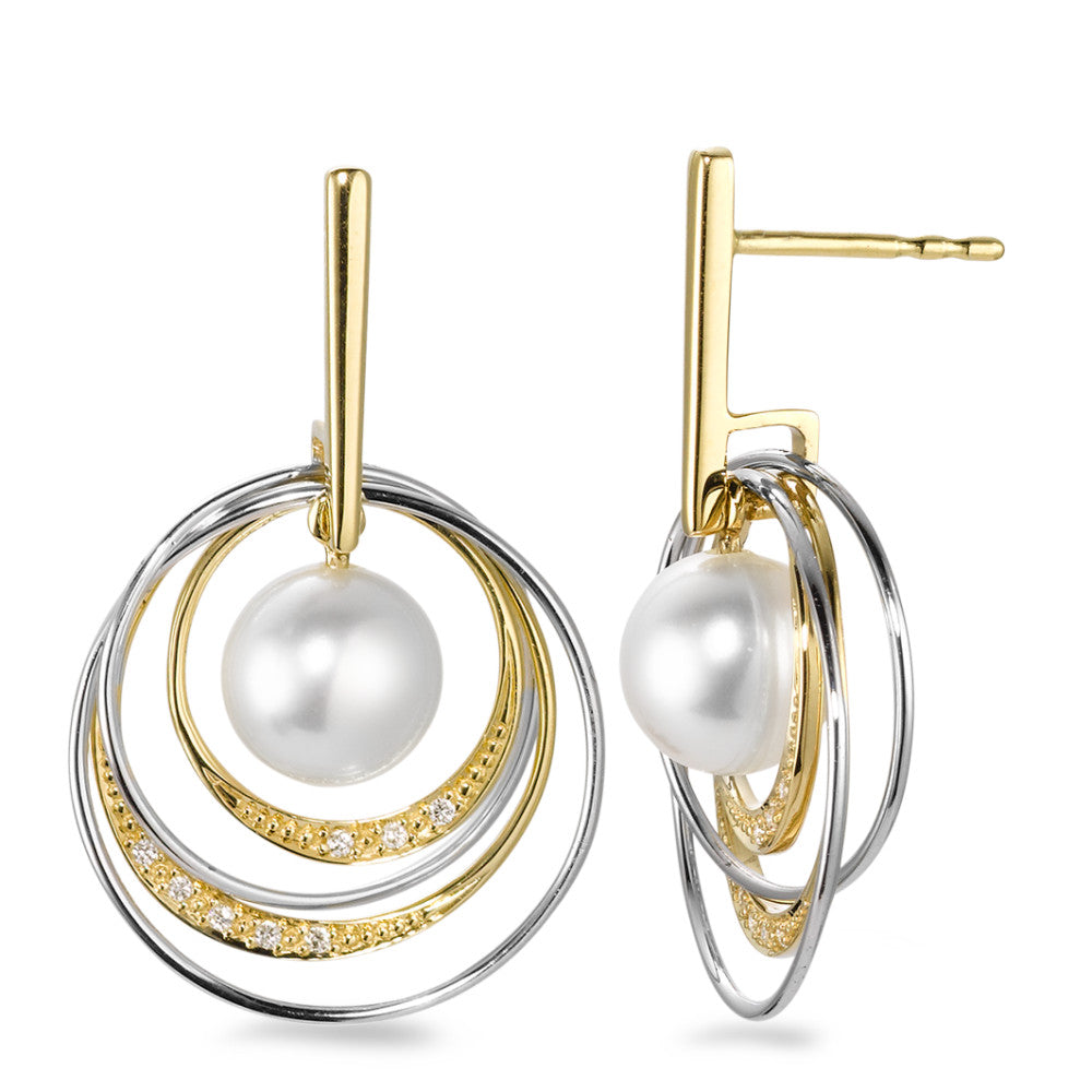 Øreringe 750/18K guld, 750/18K hvidguld Diamant hvid , 0.05 ct, 16 Sten , [Brillant], w-si Ferskvands kulturperle, 7.5 mm