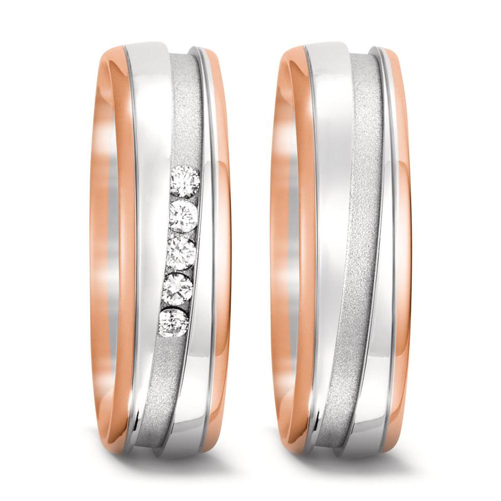 Partnerringe 750/18K rødguld, 750/18K hvidguld Diamant 0.10 ct, 5 Sten , w-si