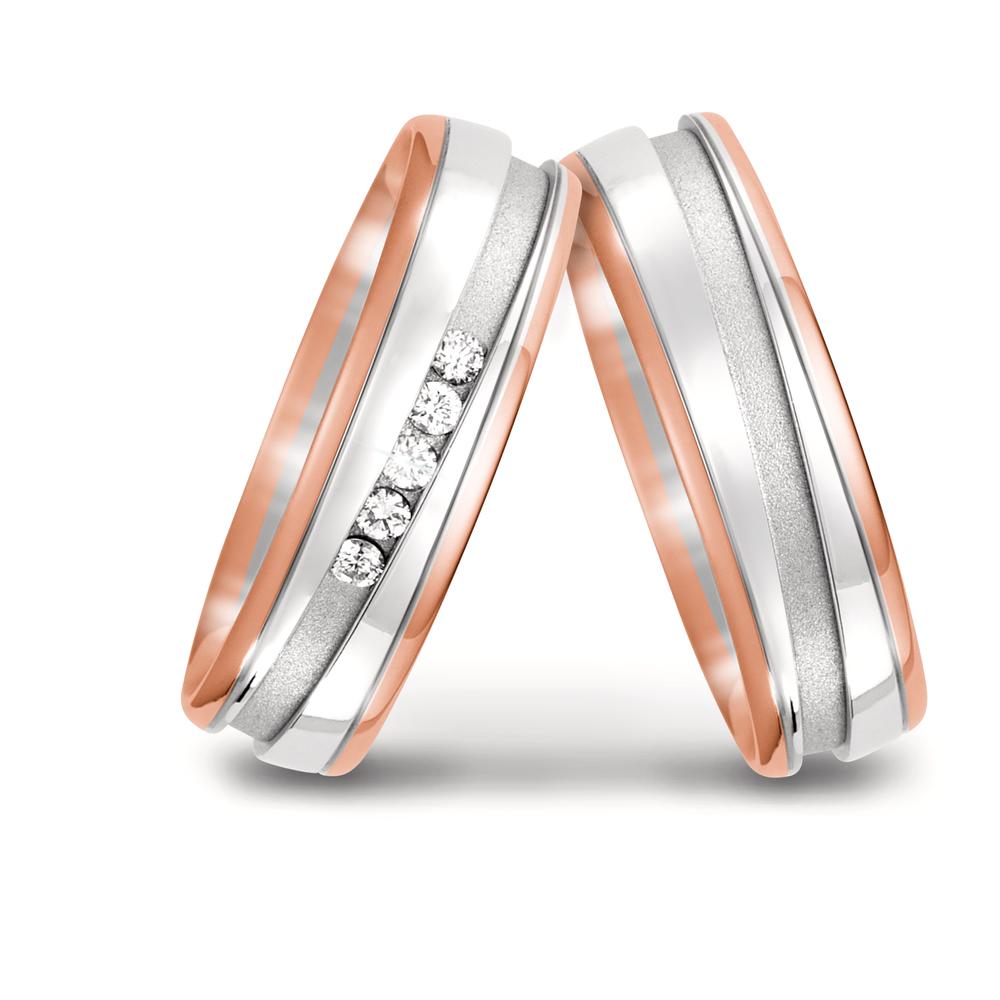 Partnerringe 750/18K rødguld, 750/18K hvidguld Diamant 0.10 ct, 5 Sten , w-si
