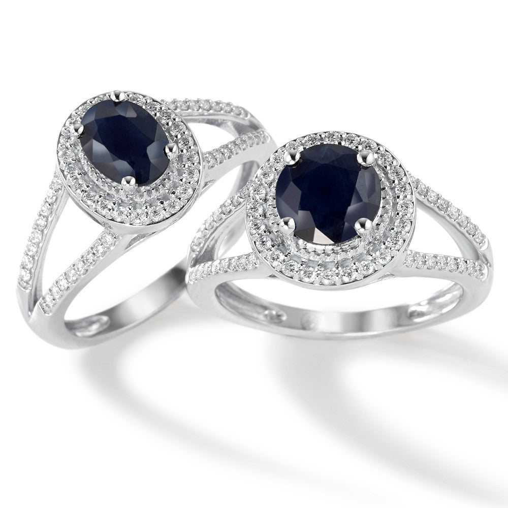 Ringe 375/9K hvidguld Safir blå , 1.76 ct, [rund], AAA, Diamant hvid , 0.23 ct, 12 Sten , w-pi3