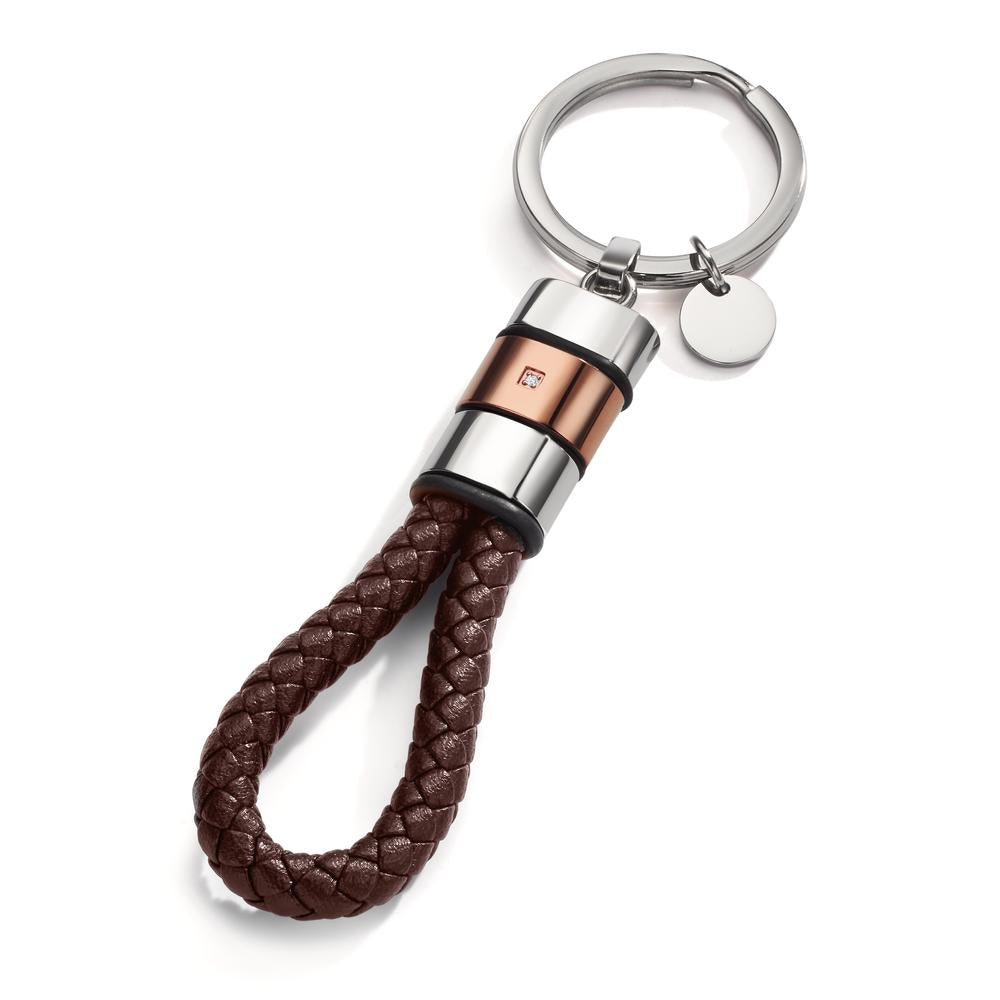 Nøglering Rustfrit stål, Læder, Gummi Zirconia brun IP belagt 11 cm Ø30 mm