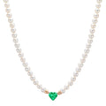 Collier 750/18K rødguld Synth smaragd Ferskvands kulturperle, 3.5 mm Hjerte 40-44 cm