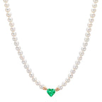 Collier 750/18K rødguld Synth smaragd Ferskvands kulturperle, 3.5 mm Hjerte 40-44 cm