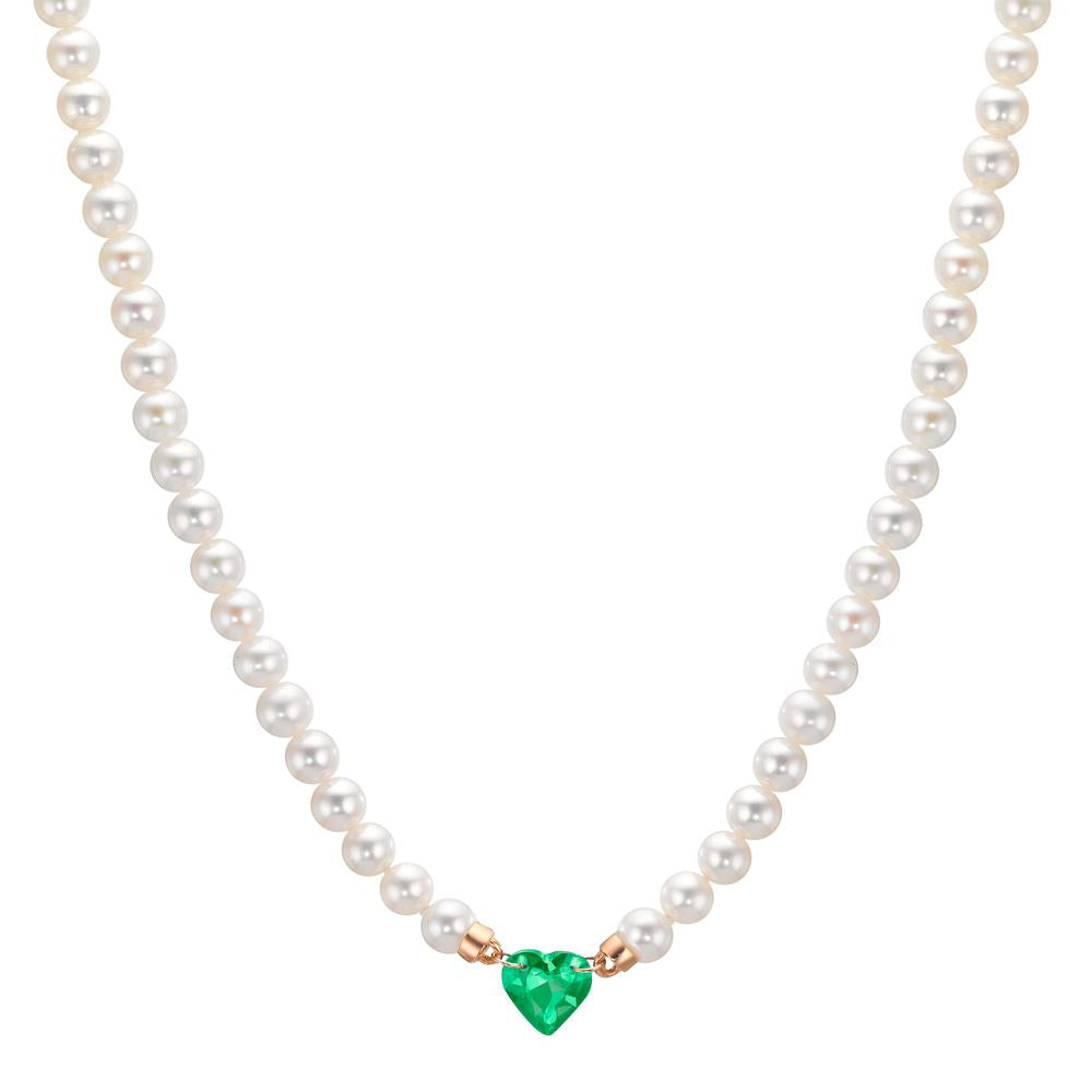 Collier 750/18K rødguld Synth smaragd Ferskvands kulturperle, 3.5 mm Hjerte 40-44 cm