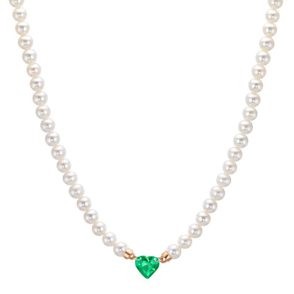 Collier 750/18K rødguld Synth smaragd Ferskvands kulturperle, 3.5 mm Hjerte 40-44 cm