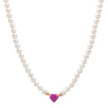 Collier 750/18K rødguld Rubin 0.62 ct Ferskvands kulturperle, 3.5 mm Hjerte 40-44 cm