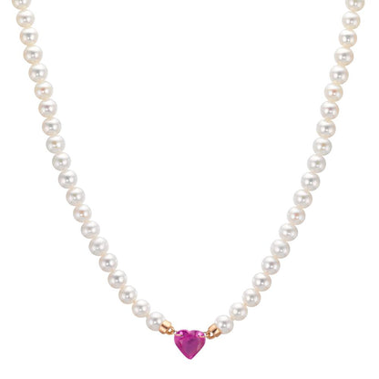 Collier 750/18K rødguld Rubin 0.62 ct Ferskvands kulturperle, 3.5 mm Hjerte 40-44 cm