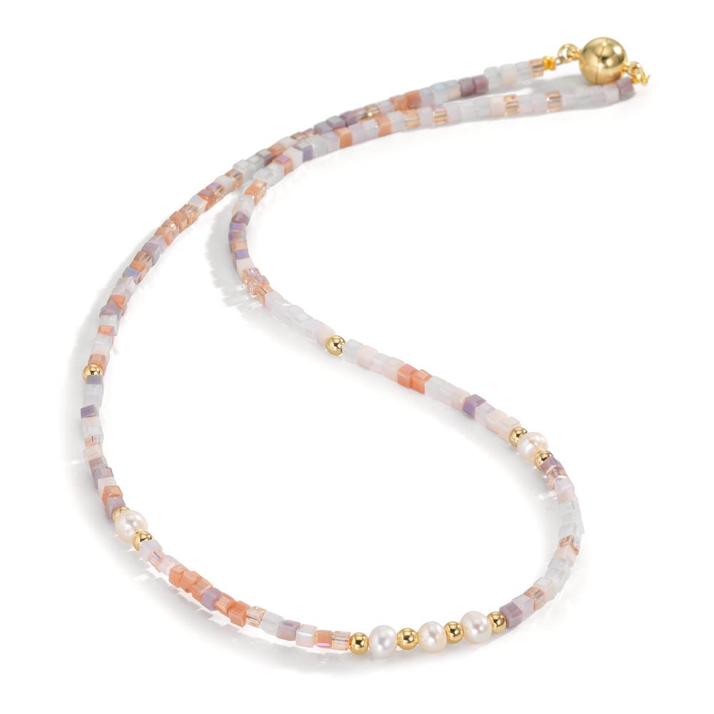 Collier Rustfrit stål Krystal lyserød gul IP belagt Ferskvands kulturperle, 5 Perler 4-4.5 mm 43 cm