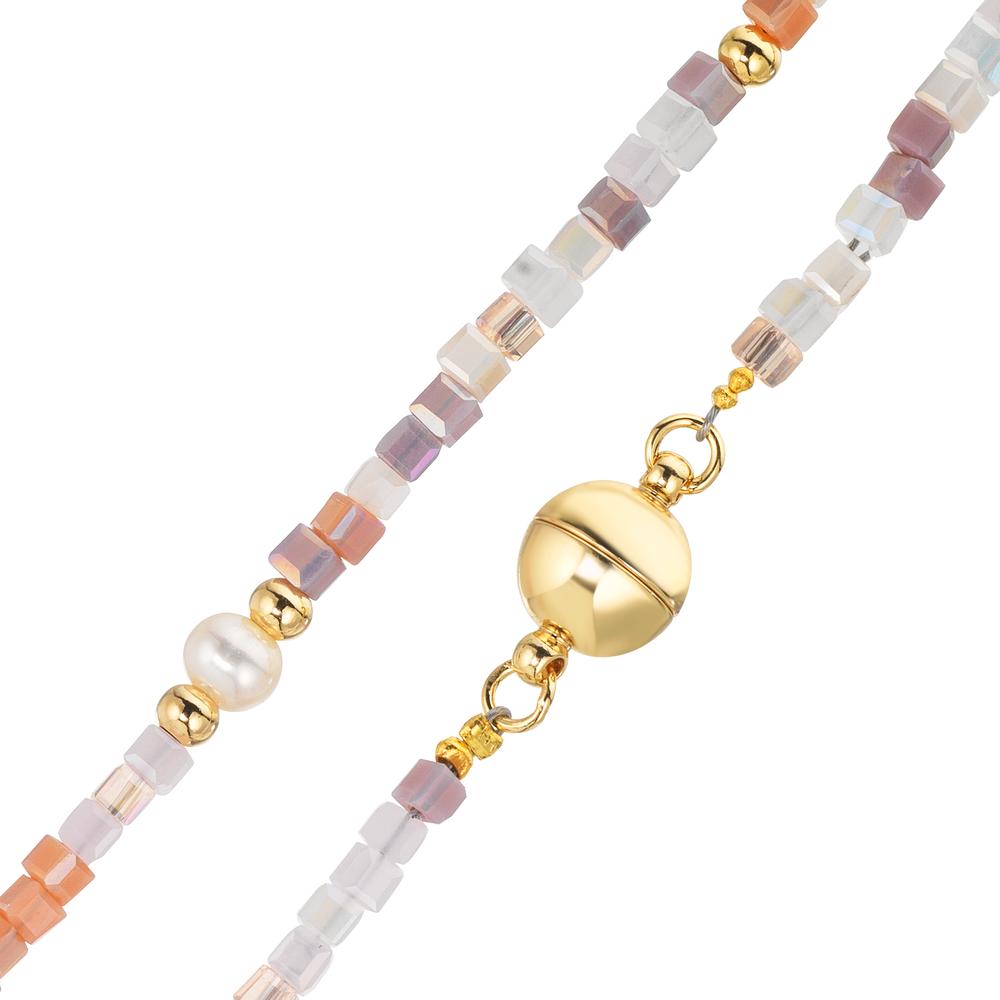 Collier Rustfrit stål Krystal lyserød gul IP belagt Ferskvands kulturperle, 5 Perler 4-4.5 mm 43 cm