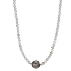 Collier Rustfrit stål Labradorit grå, 3 mm Tahitisk perle, 9.5 mm 43-47 cm