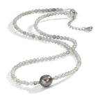 Collier Rustfrit stål Labradorit grå, 3 mm Tahitisk perle, 9.5 mm 43-47 cm