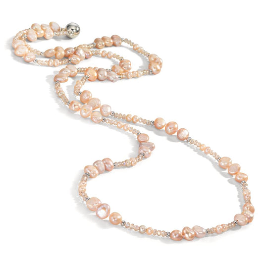 Collier Rustfrit stål Krystal lyserød Ferskvands kulturperle lyserød 90 cm