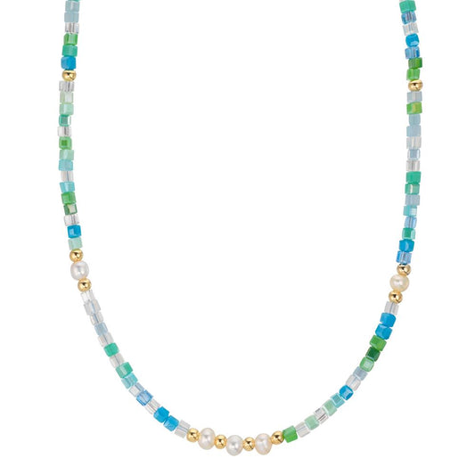 Collier Rustfrit stål Krystal gul IP belagt Ferskvands kulturperle, 5 Perler, 4.5 mm 43 cm