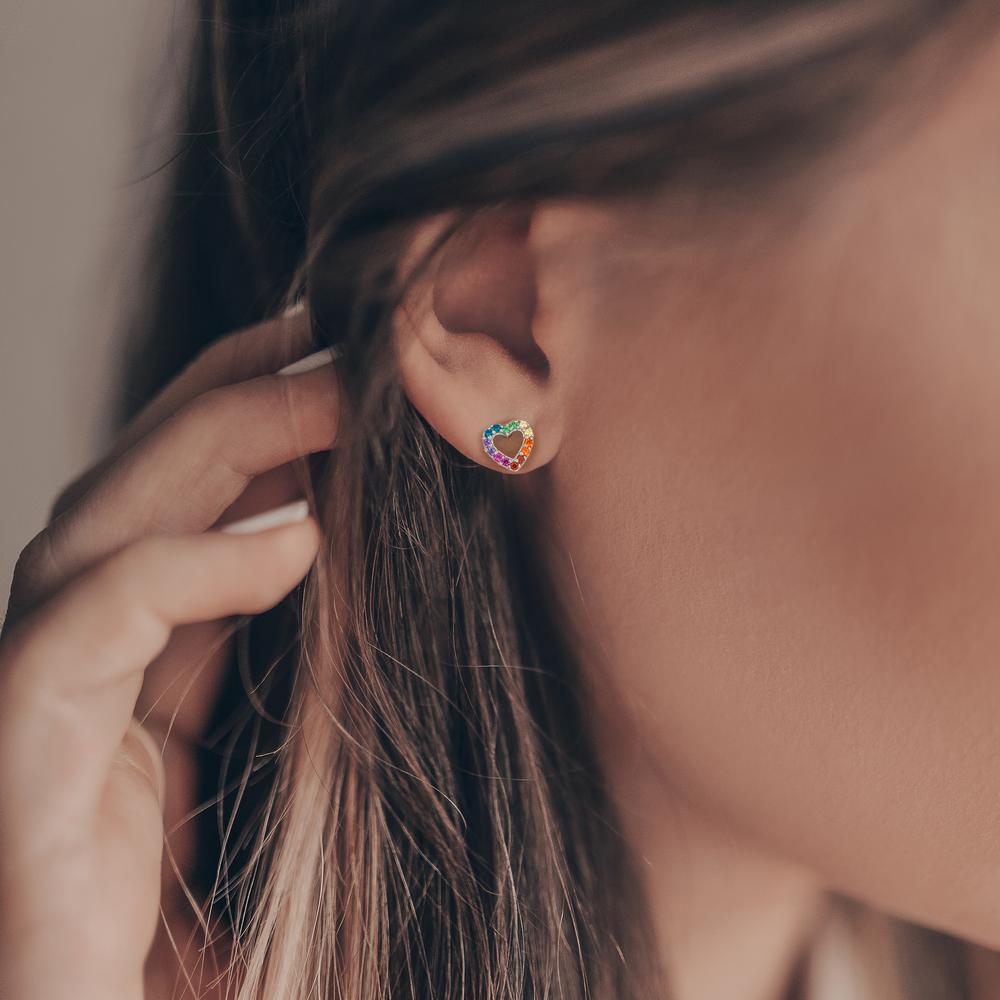 Ørestikker Sølv Zirconia regnbue farvet rhodineret Hjerte Ø6 mm