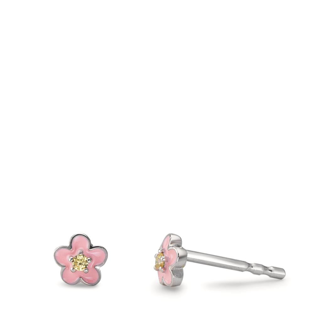 Ørestikker Sølv Zirconia gul , 2 Sten rhodineret Blomst Ø4.5 mm