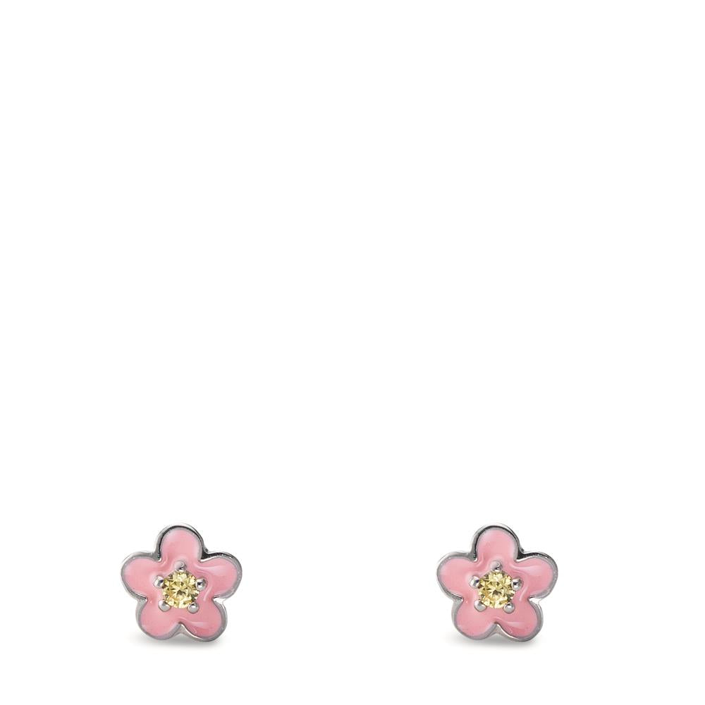 Ørestikker Sølv Zirconia gul , 2 Sten rhodineret Blomst Ø4.5 mm