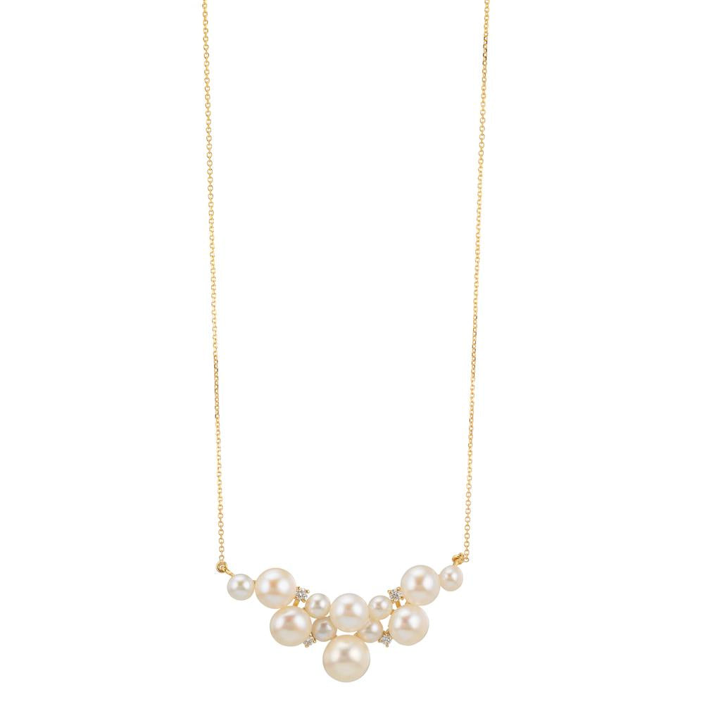 Collier 750/18K guld Diamant 0.08 ct, 4 Sten , w-si Ferskvands kulturperle, 12 Perler 3.5-6.5 mm 42-45 cm