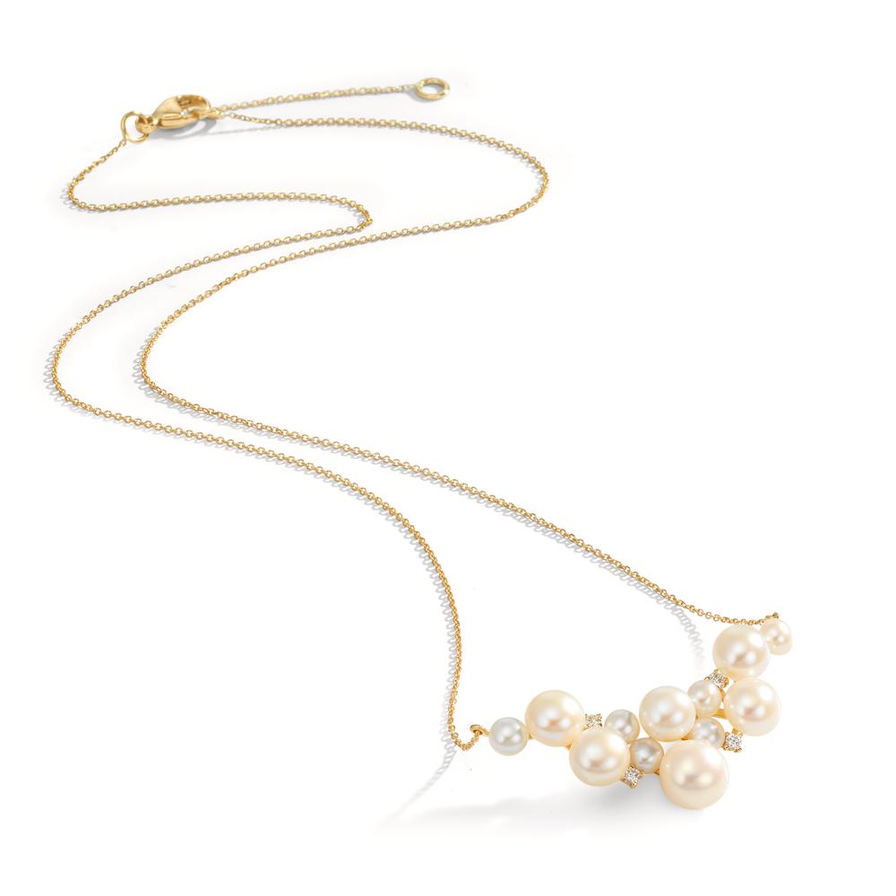 Collier 750/18K guld Diamant 0.08 ct, 4 Sten , w-si Ferskvands kulturperle, 12 Perler 3.5-6.5 mm 42-45 cm